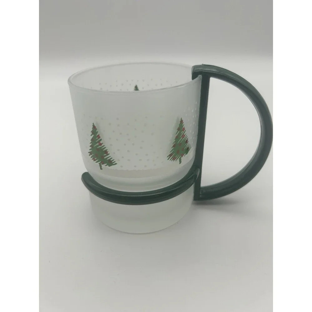 8 Christmas Inspiration Frosted Glass Mugs w/ Removable Handles VTG Set